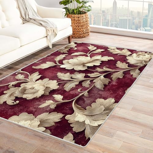 AMXBZC Modernes Teppich Wohnzimmer Retro Beige Blumenmuster Waschbar Abstrakte Schlafzimmer Teppiche, rutschfeste Weicher Kurzflor, für Büro Esszimmer Kinderzimmer(rot)-90x120cm von AMXBZC
