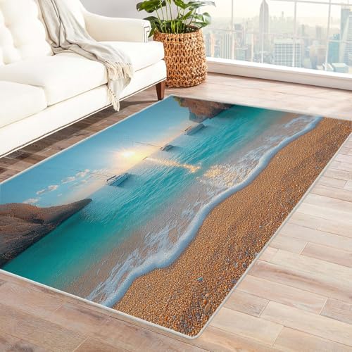 AMXBZC Modernes Teppich Wohnzimmer Schiff Meer Berge Muster Teppiche Waschbar Abstrakte Schlafzimmer Teppiche, rutschfeste Weicher Kurzflor, für Büro Esszimmer Kinderzimmer(Blau)-240x300cm von AMXBZC