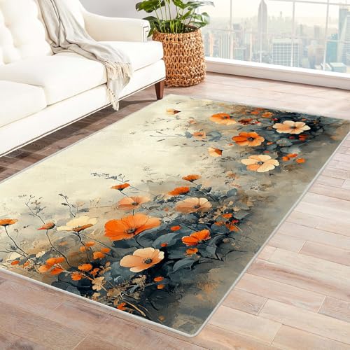 AMXBZC Modernes Teppich Wohnzimmer Vintage Blumen Poster Waschbar Abstrakte Schlafzimmer Teppiche, rutschfeste Weicher Kurzflor, für Büro Esszimmer Kinderzimmer(rot)-180x240cm von AMXBZC