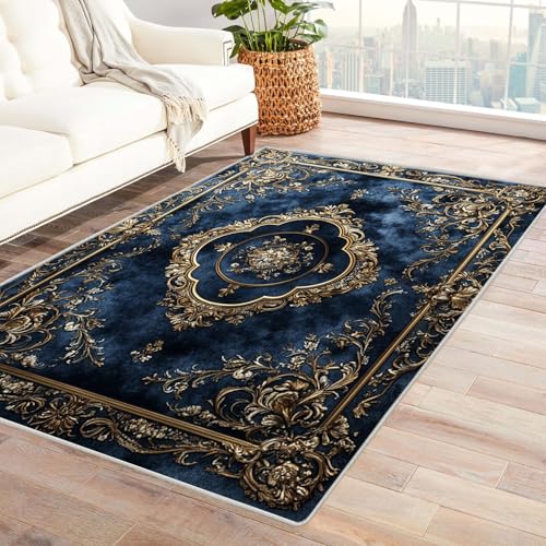AMXBZC Modernes Teppich Wohnzimmer Vintage Goldener Teppich Waschbar Abstrakte Schlafzimmer Teppiche, rutschfeste Weicher Kurzflor, für Büro Esszimmer Kinderzimmer(blau)-120x150cm von AMXBZC