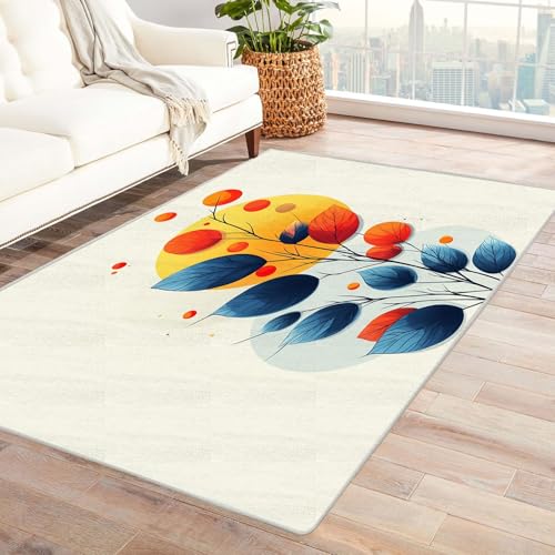 AMXBZC Modernes Teppich Wohnzimmer natürliche einfache Blumen Waschbar Abstrakte Schlafzimmer Teppiche, rutschfeste Weicher Kurzflor, für Büro Esszimmer Kinderzimmer(Orange)-150x180cm von AMXBZC