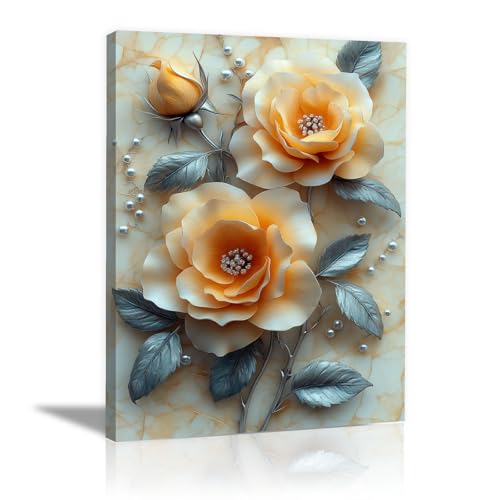 AMXBZC Pflanze Moderne Landschaft Wandkunst Bilder Schöne goldene Blüten Moderne Wandbild - für Badezimmer Wohnzimmer Wanddekoration(Orange 21)-60x90cm Gerahmt von AMXBZC