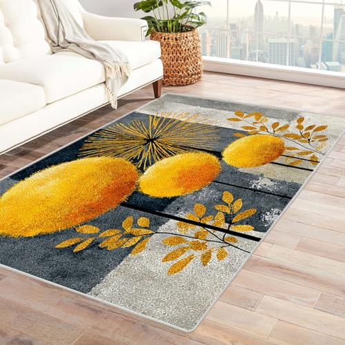 AMXBZC Teppich Wohnzimmer Abstrakte Natur Pflanze Schlafzimmer Vintage Kurzflor, Groß rutschfest Waschbar Weiche für Esszimmer Foyer Balkon Teppiche,pflegeleicht(Gelb)-240x300cm von AMXBZC