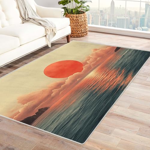 AMXBZC Teppich Wohnzimmer Abstrakter Sonnenuntergang am Meer Schlafzimmer Vintage Kurzflor, Groß rutschfest Waschbar Weiche für Esszimmer Foyer Balkon Teppiche,pflegeleicht(Beige)-210x270cm von AMXBZC