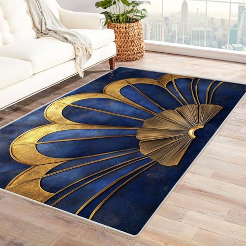 AMXBZC Teppich Wohnzimmer Abstrakter geometrischer Teppich Schlafzimmer Vintage Kurzflor, Groß rutschfest Waschbar Weiche für Esszimmer Foyer Balkon Teppiche,pflegeleicht(blau)-90x150cm von AMXBZC