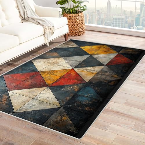 AMXBZC Teppich Wohnzimmer Abstrakter geometrischer Teppich Schlafzimmer Vintage Kurzflor, Groß rutschfest Waschbar Weiche für Esszimmer Foyer Balkon Teppiche,pflegeleicht(rot)-210x300cm von AMXBZC