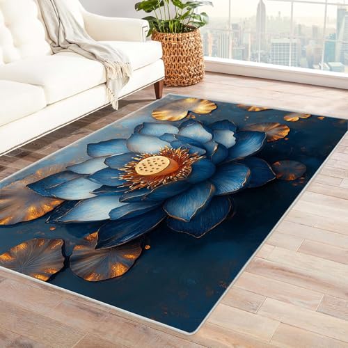 AMXBZC Teppich Wohnzimmer Abstraktes Blumenmuster Schlafzimmer Vintage Kurzflor, Groß rutschfest Waschbar Weiche für Esszimmer Foyer Balkon Teppiche,pflegeleicht(Blau 8)-90x150cm von AMXBZC