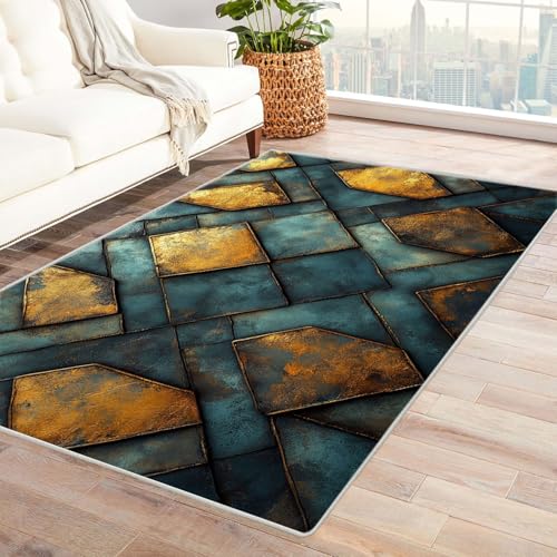 AMXBZC Teppich Wohnzimmer Abstraktes geometrisches Muster Schlafzimmer Vintage Kurzflor, Groß rutschfest Waschbar Weiche für Esszimmer Foyer Balkon Teppiche,pflegeleicht(Golden)-150x210cm von AMXBZC
