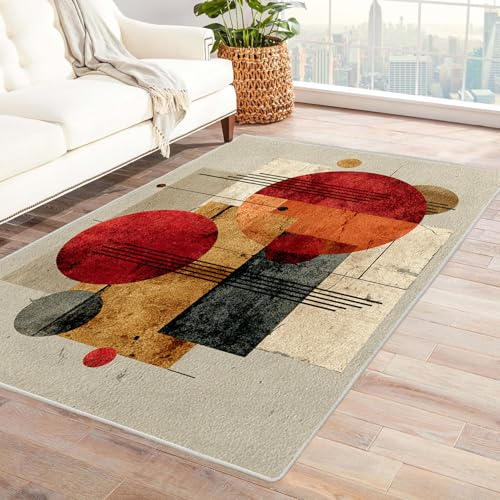 AMXBZC Teppich Wohnzimmer Abstraktes geometrisches Muster Schlafzimmer Vintage Kurzflor, Groß rutschfest Waschbar Weiche für Esszimmer Foyer Balkon Teppiche,pflegeleicht(rot)-240x300cm von AMXBZC