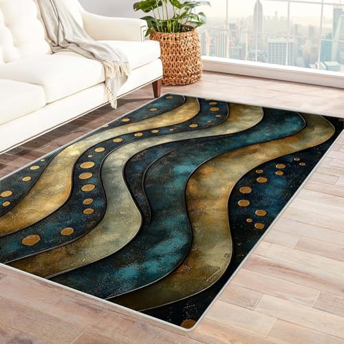 AMXBZC Teppich Wohnzimmer Abstraktes minimalistisches Muster Schlafzimmer Vintage Kurzflor, Groß rutschfest Waschbar Weiche für Esszimmer Foyer Balkon Teppiche,pflegeleicht(blau)-120x180cm von AMXBZC