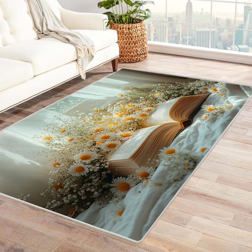 AMXBZC Teppich Wohnzimmer Blumenkunstwerk Poster Schlafzimmer Vintage Kurzflor, Groß rutschfest Waschbar Weiche für Esszimmer Foyer Balkon Teppiche,pflegeleicht(weiß)-60x90cm von AMXBZC