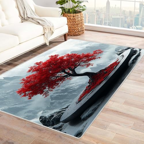 AMXBZC Teppich Wohnzimmer Das Poster zum Baum des Lebens Schlafzimmer Vintage Kurzflor, Groß rutschfest Waschbar Weiche für Esszimmer Foyer Balkon Teppiche,pflegeleicht(rot)-90x120cm von AMXBZC