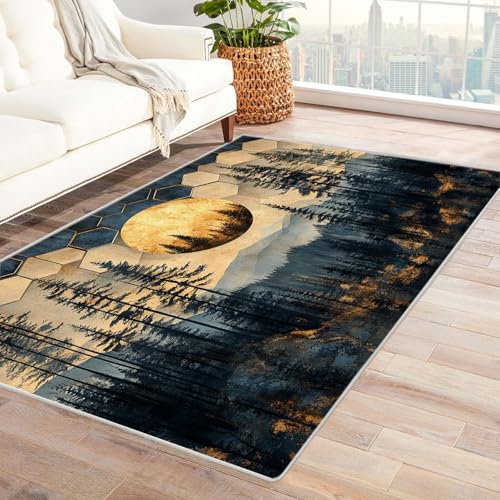 AMXBZC Teppich Wohnzimmer Modernes abstraktes Muster Schlafzimmer Vintage Kurzflor, Groß rutschfest Waschbar Weiche für Esszimmer Foyer Balkon Teppiche,pflegeleicht(Golden)-150x180cm von AMXBZC