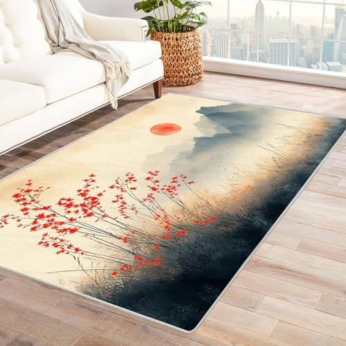 AMXBZC Teppich Wohnzimmer Mountain Sunset Pflanzen Schlafzimmer Vintage Kurzflor, Groß rutschfest Waschbar Weiche für Esszimmer Foyer Balkon Teppiche,pflegeleicht(Rot 38)-210x270cm von AMXBZC