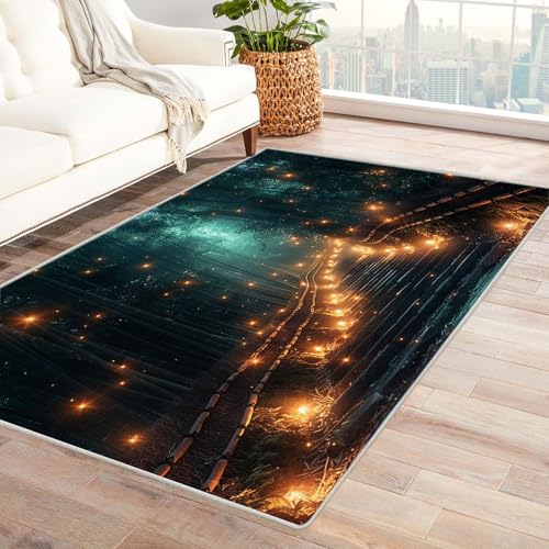 AMXBZC Teppich Wohnzimmer Nachtwald Bäume Teppich Schlafzimmer Vintage Kurzflor, Groß rutschfest Waschbar Weiche für Esszimmer Foyer Balkon Teppiche,pflegeleicht(Gelb)-60x90cm von AMXBZC