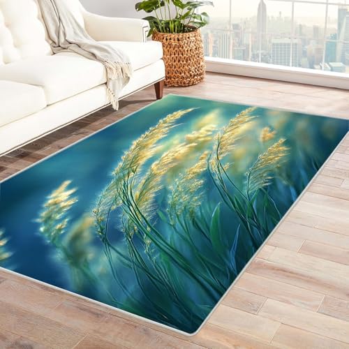AMXBZC Teppich Wohnzimmer Natürliche Pflanzenmuster Schlafzimmer Vintage Kurzflor, Groß rutschfest Waschbar Weiche für Esszimmer Foyer Balkon Teppiche,pflegeleicht(blau)-120x150cm von AMXBZC