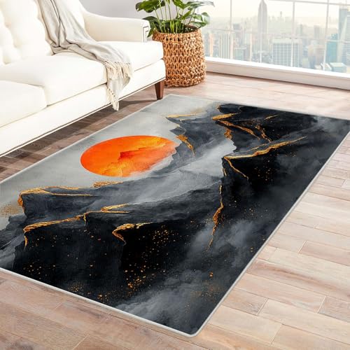 AMXBZC Teppich Wohnzimmer Natur Berg Sonnenuntergang Schlafzimmer Vintage Kurzflor, Groß rutschfest Waschbar Weiche für Esszimmer Foyer Balkon Teppiche,pflegeleicht(rot)-150x180cm von AMXBZC
