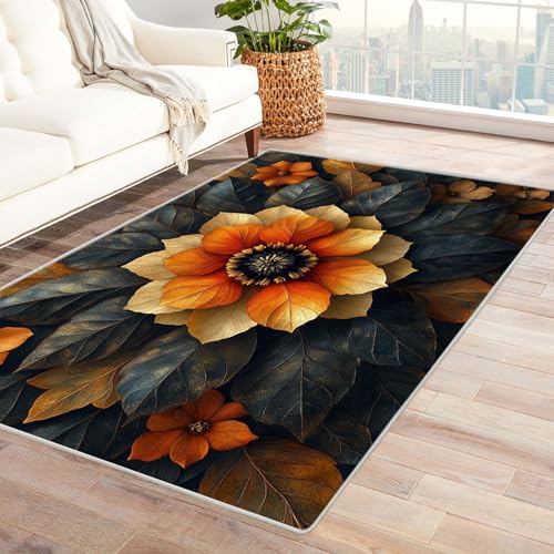 AMXBZC Teppich Wohnzimmer Retro Abstrakte Blumen Schlafzimmer Vintage Kurzflor, Groß rutschfest Waschbar Weiche für Esszimmer Foyer Balkon Teppiche,pflegeleicht(Orange 8)-150x210cm von AMXBZC