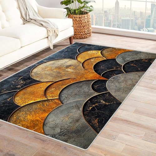 AMXBZC Teppich Wohnzimmer Retro Kreisförmige Geometrie Schlafzimmer Vintage Kurzflor, Groß rutschfest Waschbar Weiche für Esszimmer Foyer Balkon Teppiche,pflegeleicht(blau)-60x90cm von AMXBZC