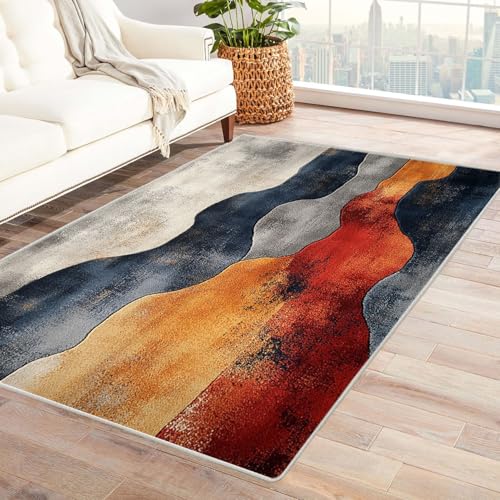 AMXBZC Teppich Wohnzimmer Retro Line Teppichmuster Schlafzimmer Vintage Kurzflor, Groß rutschfest Waschbar Weiche für Esszimmer Foyer Balkon Teppiche,pflegeleicht(Orange)-90x150cm von AMXBZC