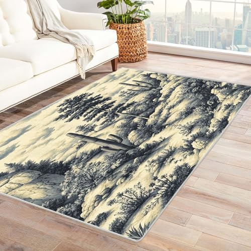 AMXBZC Teppich Wohnzimmer Retro-Tropenlandschaft Schlafzimmer Vintage Kurzflor, Groß rutschfest Waschbar Weiche für Esszimmer Foyer Balkon Teppiche,pflegeleicht(grau)-240x300cm von AMXBZC