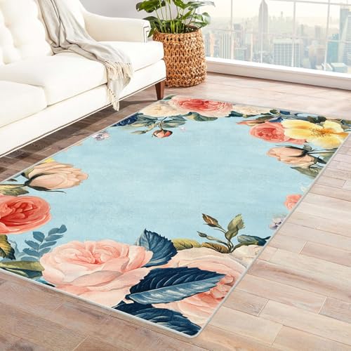 AMXBZC Teppich Wohnzimmer Schlafzimmer Kurzflor Abstrakt Einfach Blumen Skandinavisches Boho Muster,Geometrisch Motiv Einfarbig Weich Modern Waschbar Teppiche(blau)-150x240cm von AMXBZC