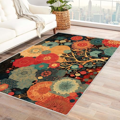 AMXBZC Teppich Wohnzimmer Schlafzimmer Kurzflor Abstrakte Pflanze Moderner Teppich Waschbar Muster Weich rutschfest Moderne Deko, Kinderzimmer Esszimmer Foyer Küchenteppich(Orange)-120x150cm von AMXBZC
