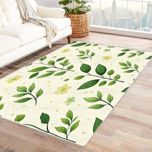 AMXBZC Teppich Wohnzimmer Schlafzimmer Kurzflor Abstrakte Pflanzen und Blumen Waschbar Muster Weich rutschfest Moderne Deko, Kinderzimmer Esszimmer Foyer Küchenteppich(grün)-150x240cm von AMXBZC