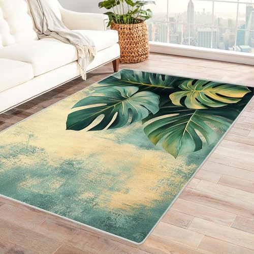 AMXBZC Teppich Wohnzimmer Schlafzimmer Kurzflor Abstrakte Pflanzenblätter Waschbar Muster Weich rutschfest Moderne Deko, Kinderzimmer Esszimmer Foyer Küchenteppich(grün)-90x150cm von AMXBZC