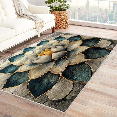 AMXBZC Teppich Wohnzimmer Schlafzimmer Kurzflor Abstrakte Retro Blumen Waschbar Muster Weich rutschfest Moderne Deko, Kinderzimmer Esszimmer Foyer Küchenteppich(blau)-150x240cm von AMXBZC