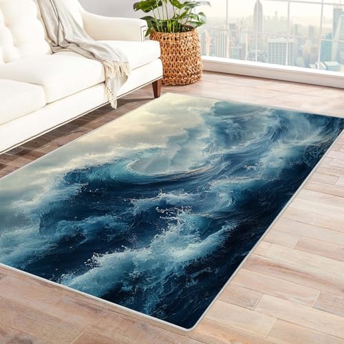 AMXBZC Teppich Wohnzimmer Schlafzimmer Kurzflor Abstrakte Tinte Ozean Muster Waschbar Muster Weich rutschfest Moderne Deko, Kinderzimmer Esszimmer Foyer Küchenteppich(Blau 9)-210x270cm von AMXBZC