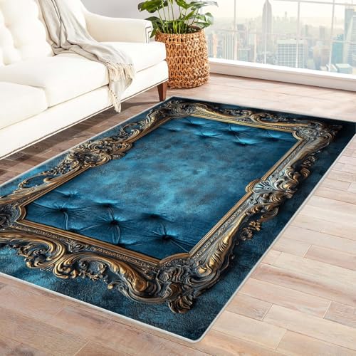 AMXBZC Teppich Wohnzimmer Schlafzimmer Kurzflor Abstrakter Blumenteppich Waschbar Muster Weich rutschfest Moderne Deko, Kinderzimmer Esszimmer Foyer Küchenteppich(Blau 9)-210x300cm von AMXBZC