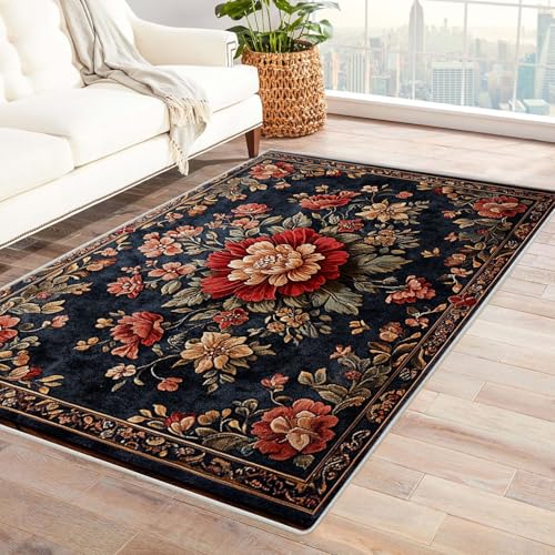 AMXBZC Teppich Wohnzimmer Schlafzimmer Kurzflor Abstrakter Blumenteppich Waschbar Muster Weich rutschfest Moderne Deko, Kinderzimmer Esszimmer Foyer Küchenteppich(Rot 9)-90x150cm von AMXBZC