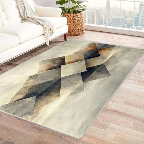 AMXBZC Teppich Wohnzimmer Schlafzimmer Kurzflor Abstrakter geometrischer Teppich Skandinavisches Boho Muster,Geometrisch Motiv Einfarbig Weich Modern Waschbar Teppiche(beige)-90x120cm von AMXBZC