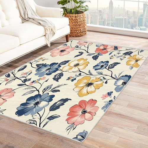 AMXBZC Teppich Wohnzimmer Schlafzimmer Kurzflor Blumen im böhmischen Stil Skandinavisches Boho Muster,Geometrisch Motiv Einfarbig Weich Modern Waschbar Teppiche(beige)-90x120cm von AMXBZC
