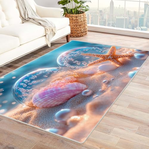 AMXBZC Teppich Wohnzimmer Schlafzimmer Kurzflor Bunte Muscheln am Strand Skandinavisches Boho Muster,Geometrisch Motiv Einfarbig Weich Modern Waschbar Teppiche(Gelb)-90x150cm von AMXBZC