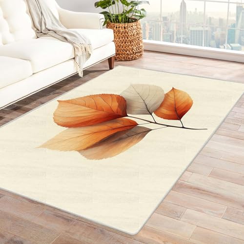 AMXBZC Teppich Wohnzimmer Schlafzimmer Kurzflor Einfache Pflanzenblätter Waschbar Muster Weich rutschfest Moderne Deko, Kinderzimmer Esszimmer Foyer Küchenteppich(Orange)-150x180cm von AMXBZC