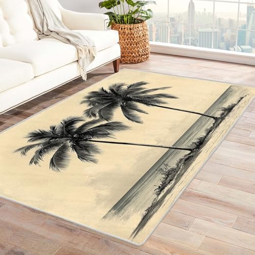 AMXBZC Teppich Wohnzimmer Schlafzimmer Kurzflor Einfache Strandbaum-Szenerie Waschbar Muster Weich rutschfest Moderne Deko, Kinderzimmer Esszimmer Foyer Küchenteppich(grün)-90x120cm von AMXBZC