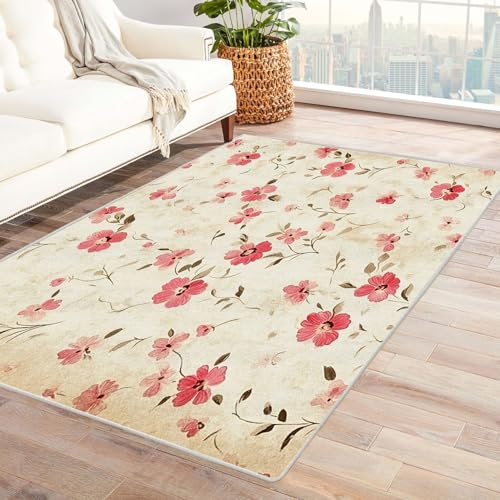 AMXBZC Teppich Wohnzimmer Schlafzimmer Kurzflor Esszimmer Blumenteppich Skandinavisches Boho Muster,Geometrisch Motiv Einfarbig Weich Modern Waschbar Teppiche(rosa)-60x90cm von AMXBZC