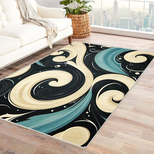 AMXBZC Teppich Wohnzimmer Schlafzimmer Kurzflor Französischer Vintage Teppich Waschbar Muster Weich rutschfest Moderne Deko, Kinderzimmer Esszimmer Foyer Küchenteppich(blau)-120x150cm von AMXBZC