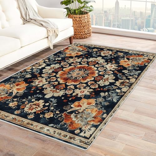 AMXBZC Teppich Wohnzimmer Schlafzimmer Kurzflor Französisches Blumenmuster Waschbar Muster Weich rutschfest Moderne Deko, Kinderzimmer Esszimmer Foyer Küchenteppich(Orange 9)-120x150cm von AMXBZC