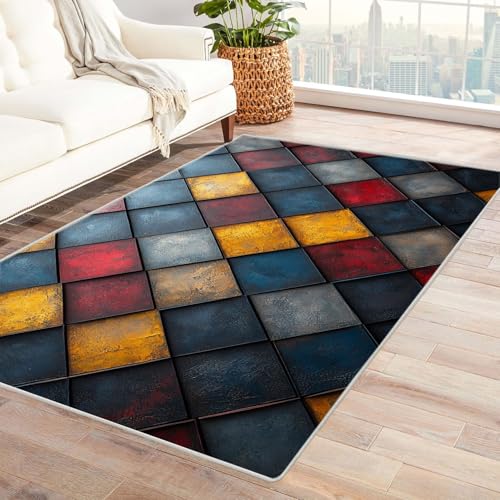 AMXBZC Teppich Wohnzimmer Schlafzimmer Kurzflor Geometrische Graffiti-Muster Skandinavisches Boho Muster,Geometrisch Motiv Einfarbig Weich Modern Waschbar Teppiche(Rot 4)-90x120cm von AMXBZC