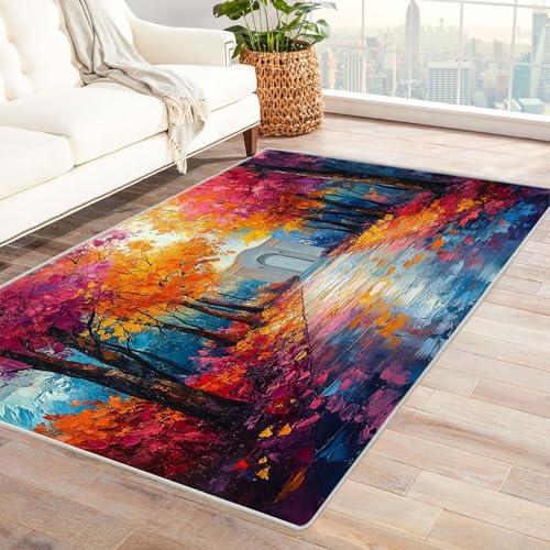 AMXBZC Teppich Wohnzimmer Schlafzimmer Kurzflor Graffiti Baum Szenerie Waschbar Muster Weich rutschfest Moderne Deko, Kinderzimmer Esszimmer Foyer Küchenteppich(Orange)-150x210cm von AMXBZC