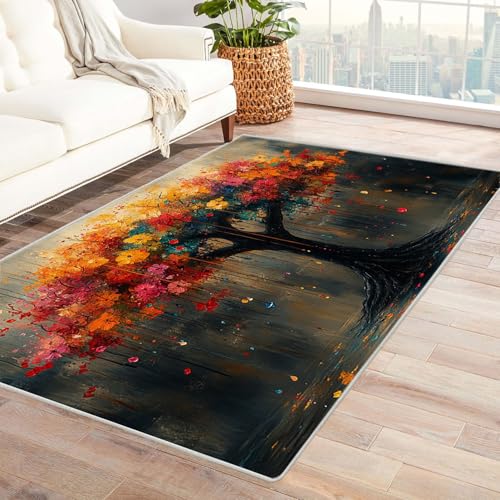 AMXBZC Teppich Wohnzimmer Schlafzimmer Kurzflor Graffiti buntes Baummuster Waschbar Muster Weich rutschfest Moderne Deko, Kinderzimmer Esszimmer Foyer Küchenteppich(Gelb 49)-150x240cm von AMXBZC