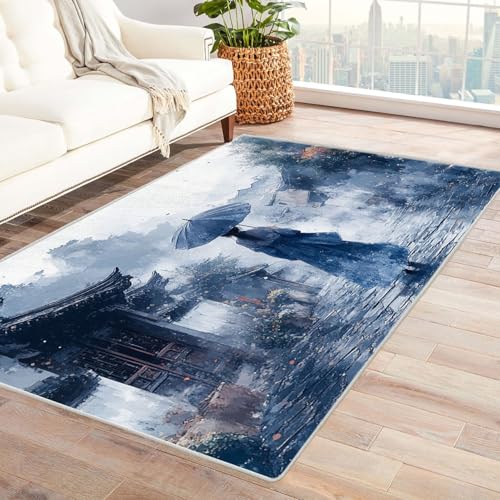AMXBZC Teppich Wohnzimmer Schlafzimmer Kurzflor Ink Girl Muster Teppich Waschbar Muster Weich rutschfest Moderne Deko, Kinderzimmer Esszimmer Foyer Küchenteppich(Blau 69)-60x90cm von AMXBZC