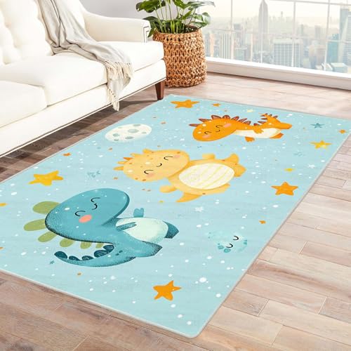 AMXBZC Teppich Wohnzimmer Schlafzimmer Kurzflor Jungenzimmer Cartoon Tiere Skandinavisches Boho Muster,Geometrisch Motiv Einfarbig Weich Modern Waschbar Teppiche(Grün 54)-150x210cm von AMXBZC