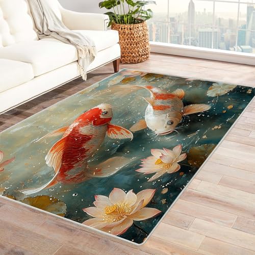 AMXBZC Teppich Wohnzimmer Schlafzimmer Kurzflor Meereslebewesen Blumen Waschbar Muster Weich rutschfest Moderne Deko, Kinderzimmer Esszimmer Foyer Küchenteppich(rot)-60x90cm von AMXBZC