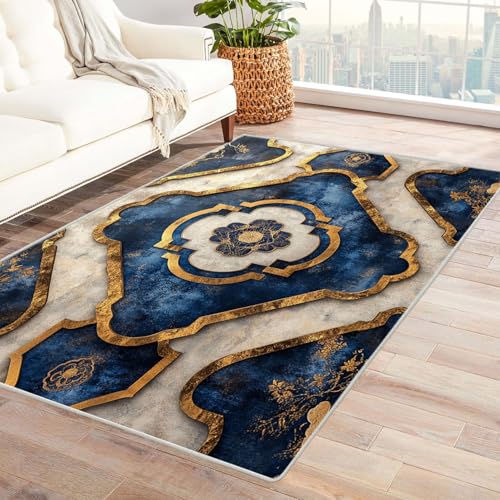 AMXBZC Teppich Wohnzimmer Schlafzimmer Kurzflor Moderne geometrische Blumen Waschbar Muster Weich rutschfest Moderne Deko, Kinderzimmer Esszimmer Foyer Küchenteppich(blau)-90x150cm von AMXBZC