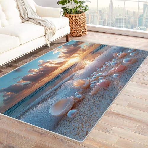 AMXBZC Teppich Wohnzimmer Schlafzimmer Kurzflor Moderner schöner Strand Waschbar Muster Weich rutschfest Moderne Deko, Kinderzimmer Esszimmer Foyer Küchenteppich(blau)-210x270cm von AMXBZC