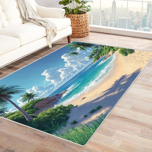 AMXBZC Teppich Wohnzimmer Schlafzimmer Kurzflor Natürlicher Strandlandschaftsteppich Skandinavisches Boho Muster,Geometrisch Motiv Einfarbig Weich Modern Waschbar Teppiche(blau)-150x180cm von AMXBZC